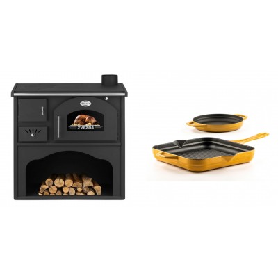 Set Küchenofen / Küchenhexe mit Backofen und Kochplatte Zvezda, Modell Classic GF, Leistung 5.9kW + Gusseisen Topf Set aus 2 teilen Solagio, Dijon - Kaminofen - Holzofen mit Backfach