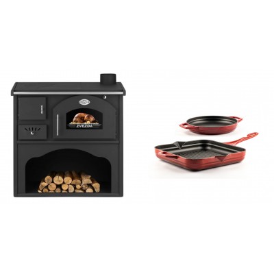 Set Küchenofen / Küchenhexe mit Backofen und Kochplatte Zvezda, Modell Classic GF, Leistung 5.9kW + Gusseisen Topf Set aus 2 teilen Solagio, Rubin - Kaminofen - Holzofen mit Backfach