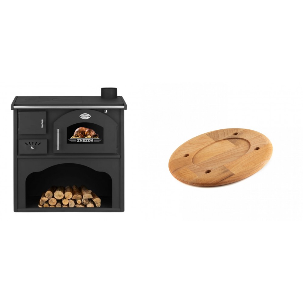 Set Küchenofen / Küchenhexe mit Backofen und Kochplatte Zvezda, Modell Classic GF, Leistung 5.9kW + Holz untersetzer für ovale platte Solagio HSOISK1728, 17x28cm | Kaminofen - Holzofen mit Backfach | Kaminofen |