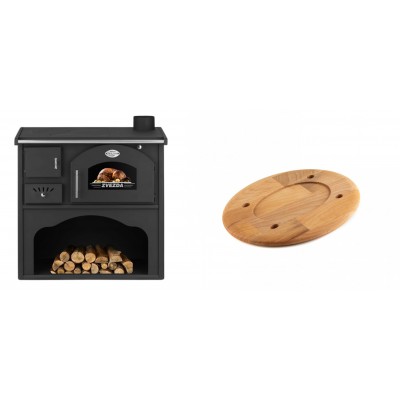 Set Küchenofen / Küchenhexe mit Backofen und Kochplatte Zvezda, Modell Classic GF, Leistung 5.9kW + Holz untersetzer für ovale platte Solagio HSOISK1728, 17x28cm - Kaminofen - Holzofen mit Backfach