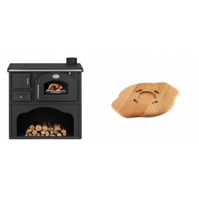 Set Küchenofen / Küchenhexe mit Backofen und Kochplatte Zvezda, Modell Classic GF, Leistung 5.9kW + Holz untersetzer für gusseisenplatte Solagio HSYSAK20 - Kaminofen - Holzofen mit Backfach