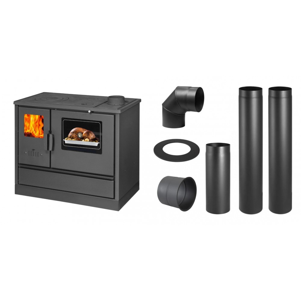 Set Küchenofen mit Backofen und Kochplatte Balkan Energy, Modell 4020, Obere Platte aus Gusseisen, Leistung 7.9kW + Schornstein Bausatz PARKANEX, Stahl Ø150, Dicke 2mm