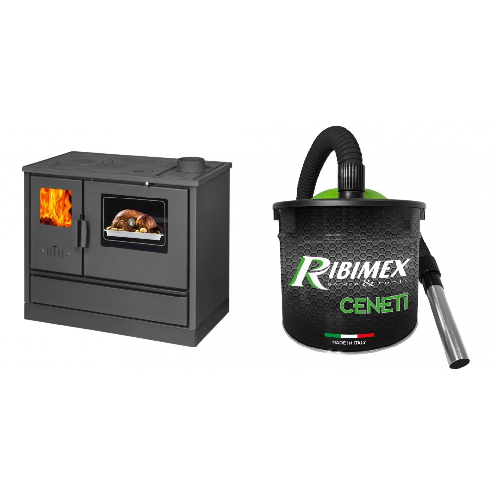 Set Küchenofen mit Backofen und Kochplatte Balkan Energy, Modell 4020, Obere Platte aus Gusseisen, Leistung 7.9kW + Elektrischer Aschesauger Ribimex, Modell Cenetì, Fassungsvermögen 15 L | Kaminofen - Holzofen mit Backfach | Kaminofen |