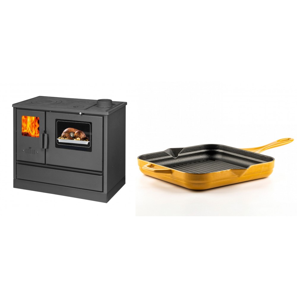 Set Küchenofen mit Backofen und Kochplatte Balkan Energy, Modell 4020, Obere Platte aus Gusseisen, Leistung 7.9kW + Emaillierte grillpfanne Gusseisen Solagio, Dijon, 28х28cm
