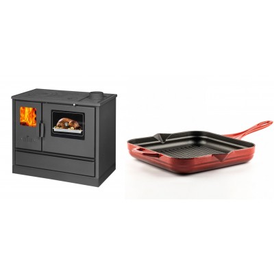Set Küchenofen mit Backofen und Kochplatte Balkan Energy, Modell 4020, Obere Platte aus Gusseisen, Leistung 7.9kW + Emaillierte grillpfanne Gusseisen Solagio, Rubin, 28x28cm - Balkan Energy