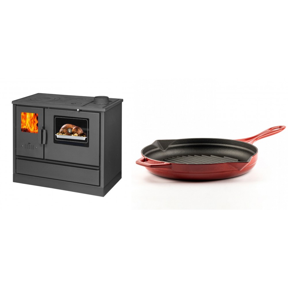 Set Küchenofen mit Backofen und Kochplatte Balkan Energy, Modell 4020, Obere Platte aus Gusseisen, Leistung 7.9kW + Emaillierte grillpfanne Gusseisen Solagio, Rubin, Ф28cm