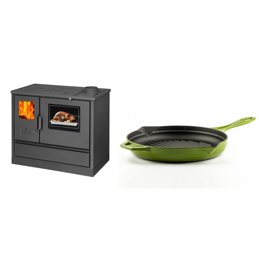 Set Küchenofen mit Backofen und Kochplatte Balkan Energy, Modell 4020, Obere Platte aus Gusseisen, Leistung 7.9kW + Emaillierte grillpfanne Gusseisen Solagio, Bamboo, Ф28cm | Kaminofen - Holzofen mit Backfach | Kaminofen |