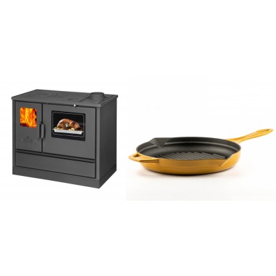 Set Küchenofen mit Backofen und Kochplatte Balkan Energy, Modell 4020, Obere Platte aus Gusseisen, Leistung 7.9kW + Emaillierte grillpfanne Gusseisen Solagio, Dijon, Ф28cm - Balkan Energy