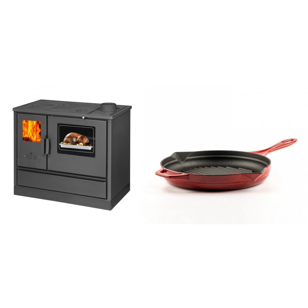 Set Küchenofen mit Backofen und Kochplatte Balkan Energy, Modell 4020, Obere Platte aus Gusseisen, Leistung 7.9kW + Emaillierte grillpfanne Gusseisen Solagio, Rubin, Ф24cm