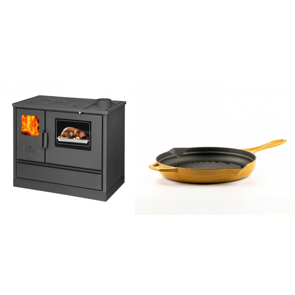 Set Küchenofen mit Backofen und Kochplatte Balkan Energy, Modell 4020, Obere Platte aus Gusseisen, Leistung 7.9kW + Emaillierte grillpfanne Gusseisen Solagio, Dijon, Ф24cm