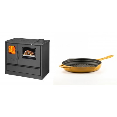Set Küchenofen mit Backofen und Kochplatte Balkan Energy, Modell 4020, Obere Platte aus Gusseisen, Leistung 7.9kW + Emaillierte grillpfanne Gusseisen Solagio, Dijon, Ф24cm - Balkan Energy