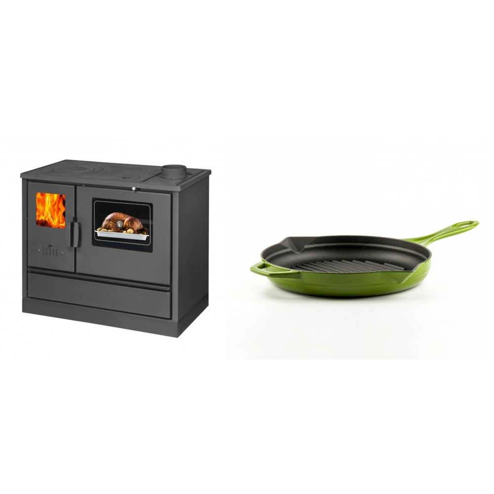 Set Küchenofen mit Backofen und Kochplatte Balkan Energy, Modell 4020, Obere Platte aus Gusseisen, Leistung 7.9kW + Emaillierte grillpfanne Gusseisen Solagio, Bamboo, Ф24cm