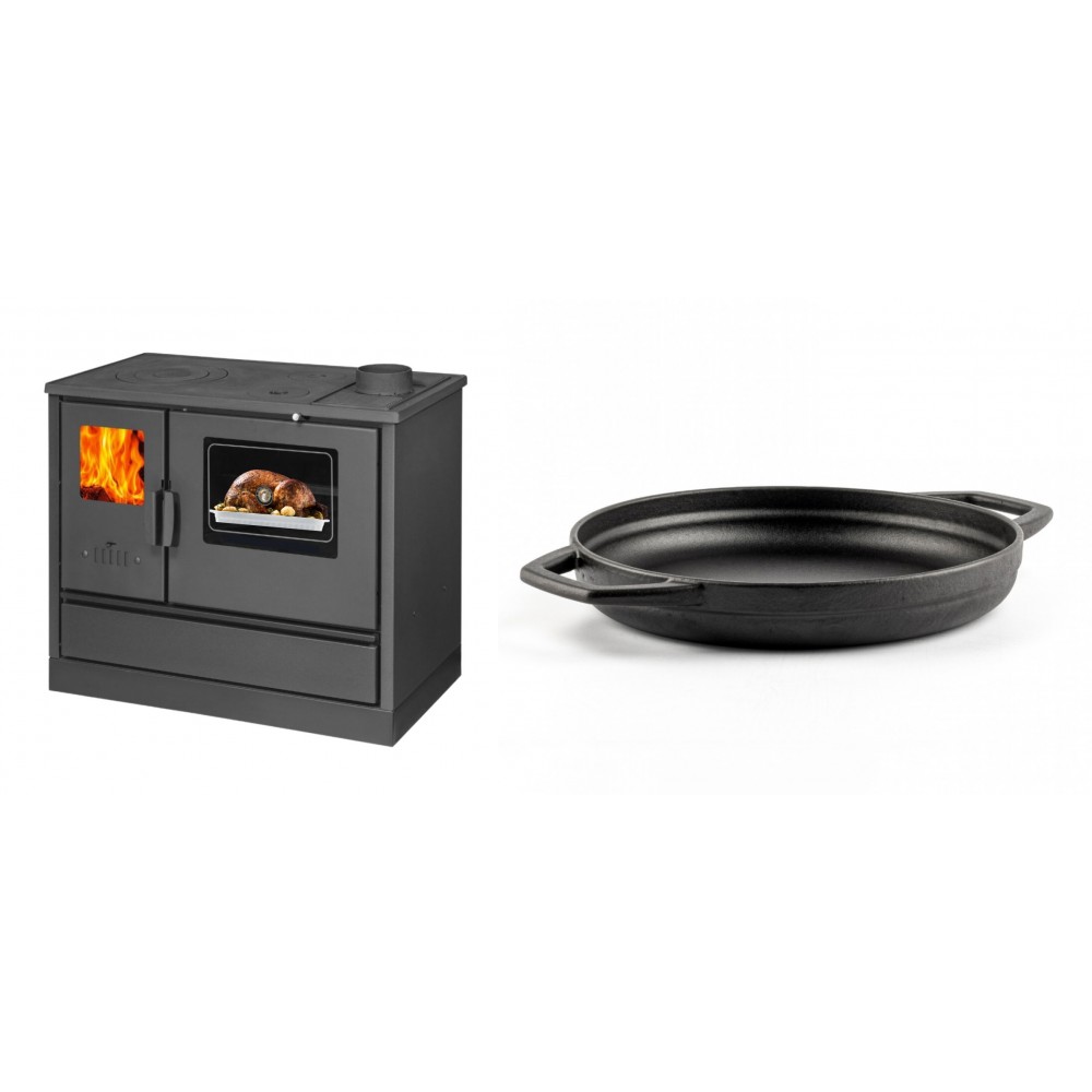 Set Küchenofen mit Backofen und Kochplatte Balkan Energy, Modell 4020, Obere Platte aus Gusseisen, Leistung 7.9kW + Emaillierte gusseisenpfanne mit zwei Griffen Solagio, Black Onyx, Ф22cm | Kaminofen - Holzofen mit Backfach | Kaminofen |