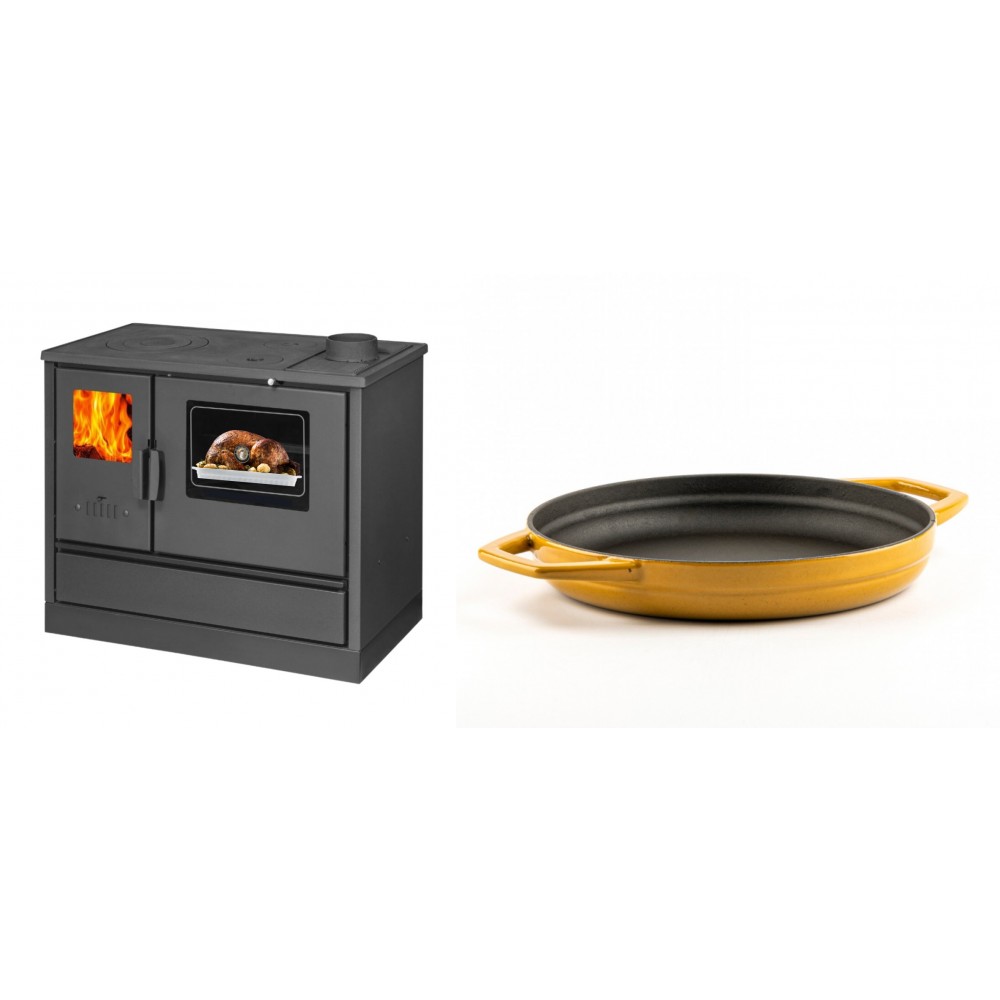 Set Küchenofen mit Backofen und Kochplatte Balkan Energy, Modell 4020, Obere Platte aus Gusseisen, Leistung 7.9kW + Emaillierte gusseisenpfanne mit zwei Griffen Solagio, Dijon, Ф22cm