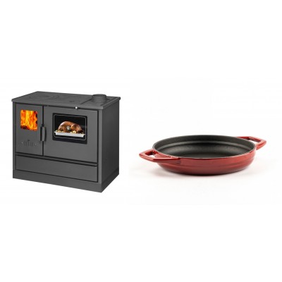 Set Küchenofen mit Backofen und Kochplatte Balkan Energy, Modell 4020, Obere Platte aus Gusseisen, Leistung 7.9kW + Emaillierte gusseisenpfanne mit zwei Griffen Solagio, Rubin, Ф19cm - Balkan Energy