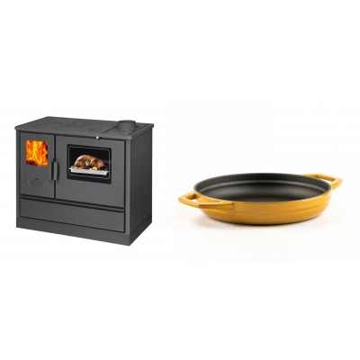 Set Küchenofen mit Backofen und Kochplatte Balkan Energy, Modell 4020, Obere Platte aus Gusseisen, Leistung 7.9kW + Emaillierte gusseisenpfanne mit zwei Griffen Solagio, Dijon, Ф19cm - Balkan Energy