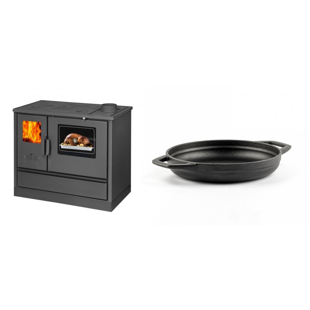 Set Küchenofen mit Backofen und Kochplatte Balkan Energy, Modell 4020, Obere Platte aus Gusseisen, Leistung 7.9kW + Emaillierte gusseisenpfanne mit zwei Griffen Solagio, Black Onyx, Ф19cm | Kaminofen - Holzofen mit Backfach | Kaminofen |