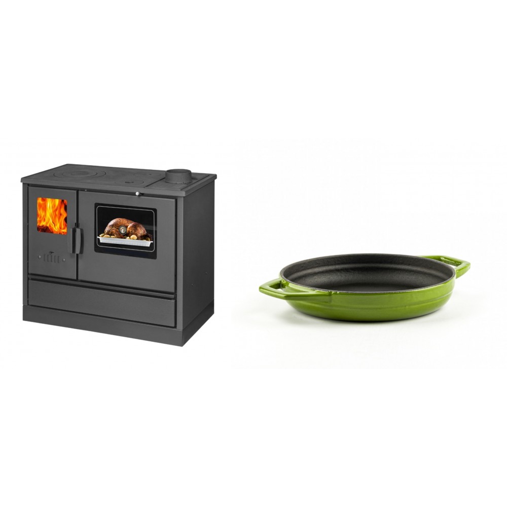 Set Küchenofen mit Backofen und Kochplatte Balkan Energy, Modell 4020, Obere Platte aus Gusseisen, Leistung 7.9kW + Emaillierte gusseisenpfanne mit zwei Griffen Solagio, Bamboo, Ф16cm