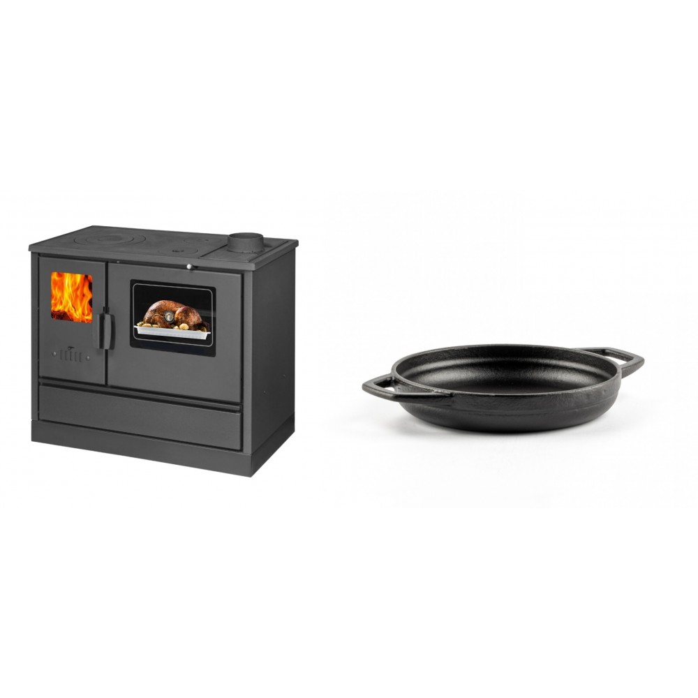 Set Küchenofen mit Backofen und Kochplatte Balkan Energy, Modell 4020, Obere Platte aus Gusseisen, Leistung 7.9kW + Emaillierte gusseisenpfanne mit zwei Griffen Solagio, Black Onyx, Ф16cm