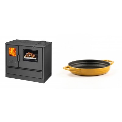Set Küchenofen mit Backofen und Kochplatte Balkan Energy, Modell 4020, Obere Platte aus Gusseisen, Leistung 7.9kW + Emaillierte gusseisenpfanne mit zwei Griffen Solagio, Dijon, Ф16cm - Balkan Energy