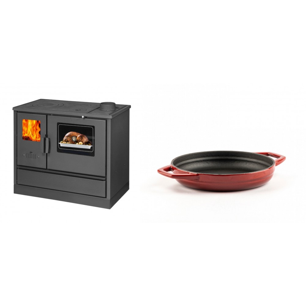Set Küchenofen mit Backofen und Kochplatte Balkan Energy, Modell 4020, Obere Platte aus Gusseisen, Leistung 7.9kW + Emaillierte gusseisenpfanne mit zwei Griffen Solagio, Rubin, Ф16cm | Kaminofen - Holzofen mit Backfach | Kaminofen |