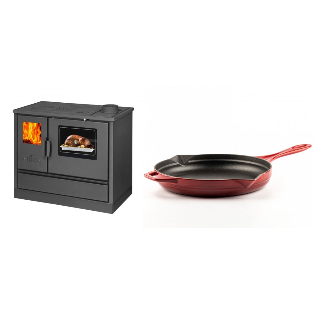 Set Küchenofen mit Backofen und Kochplatte Balkan Energy, Modell 4020, Obere Platte aus Gusseisen, Leistung 7.9kW + Emaillierte Gusseisenpfanne Solagio, Rubin, Ф28cm