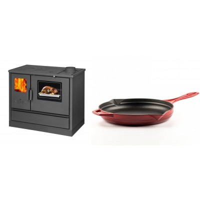 Set Küchenofen mit Backofen und Kochplatte Balkan Energy, Modell 4020, Obere Platte aus Gusseisen, Leistung 7.9kW + Emaillierte Gusseisenpfanne Solagio, Rubin, Ф28cm - Balkan Energy