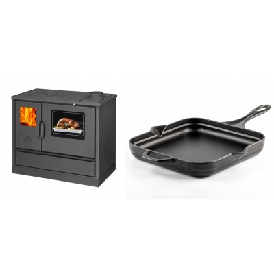 Set Küchenofen mit Backofen und Kochplatte Balkan Energy, Modell 4020, Obere Platte aus Gusseisen, Leistung 7.9kW + Emaillierte Gusseisenpfanne Solagio, Black Onyx, 28x28cm - Balkan Energy