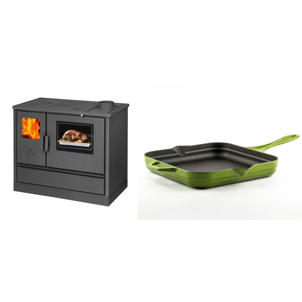 Set Küchenofen mit Backofen und Kochplatte Balkan Energy, Modell 4020, Obere Platte aus Gusseisen, Leistung 7.9kW + Emaillierte Gusseisenpfanne Solagio, Bamboo, 28x28cm | Kaminofen - Holzofen mit Backfach | Kaminofen |