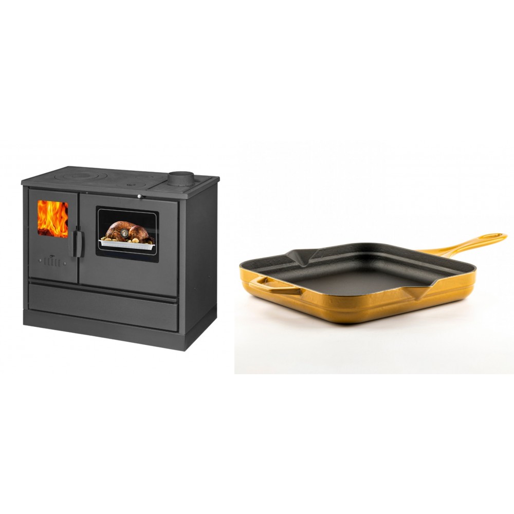 Set Küchenofen mit Backofen und Kochplatte Balkan Energy, Modell 4020, Obere Platte aus Gusseisen, Leistung 7.9kW + Emaillierte Gusseisenpfanne Solagio, Dijon, 28x28cm | Kaminofen - Holzofen mit Backfach | Kaminofen |