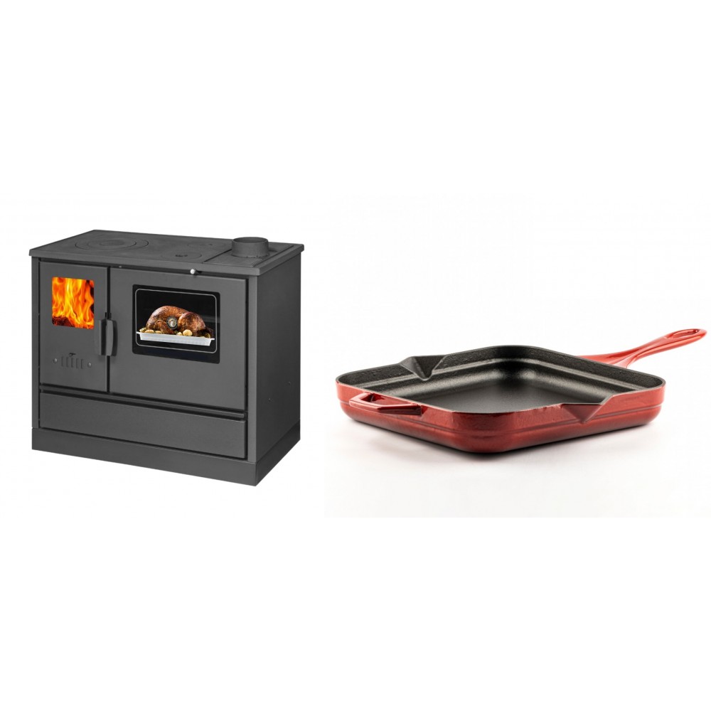 Set Küchenofen mit Backofen und Kochplatte Balkan Energy, Modell 4020, Obere Platte aus Gusseisen, Leistung 7.9kW + Emaillierte Gusseisenpfanne Solagio, Rubin, 28x28cm | Kaminofen - Holzofen mit Backfach | Kaminofen |
