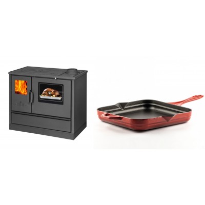 Set Küchenofen mit Backofen und Kochplatte Balkan Energy, Modell 4020, Obere Platte aus Gusseisen, Leistung 7.9kW + Emaillierte Gusseisenpfanne Solagio, Rubin, 28x28cm - Balkan Energy