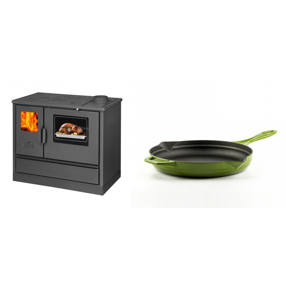Set Küchenofen mit Backofen und Kochplatte Balkan Energy, Modell 4020, Obere Platte aus Gusseisen, Leistung 7.9kW + Emaillierte Gusseisenpfanne Solagio, Bamboo, Ф24cm