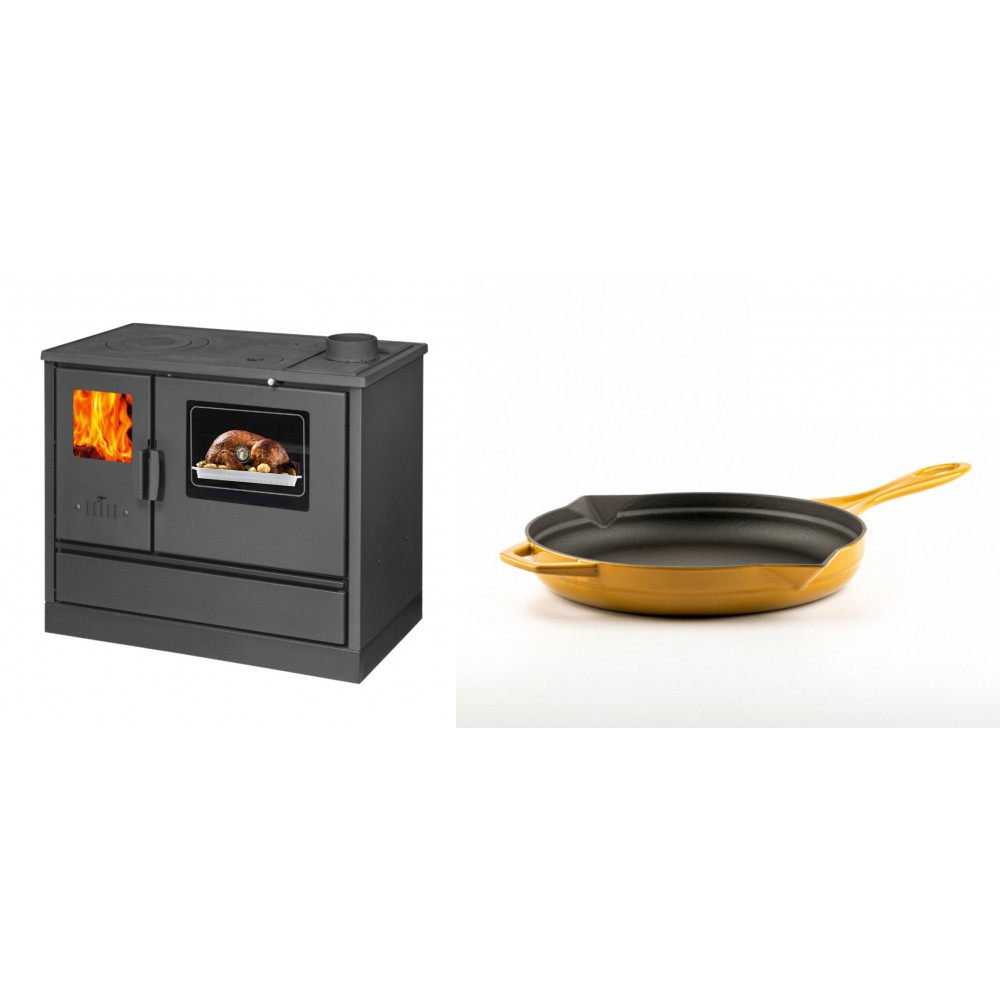 Set Küchenofen mit Backofen und Kochplatte Balkan Energy, Modell 4020, Obere Platte aus Gusseisen, Leistung 7.9kW + Emaillierte Gusseisenpfanne Solagio, Dijon, Ф24cm