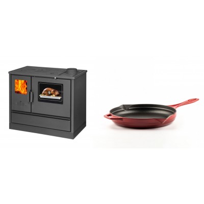 Set Küchenofen mit Backofen und Kochplatte Balkan Energy, Modell 4020, Obere Platte aus Gusseisen, Leistung 7.9kW + Emaillierte Gusseisenpfanne Solagio, Rubin, Ф24cm - Balkan Energy