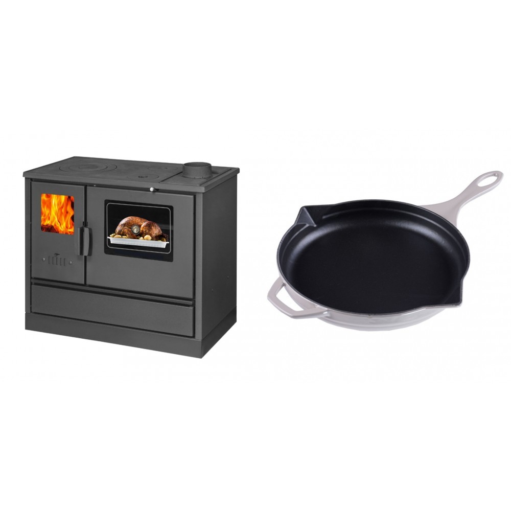 Set Küchenofen mit Backofen und Kochplatte Balkan Energy, Modell 4020, Obere Platte aus Gusseisen, Leistung 7.9kW + Emaillierte Gusseisenpfanne Solagio, Ivory, Ф28cm