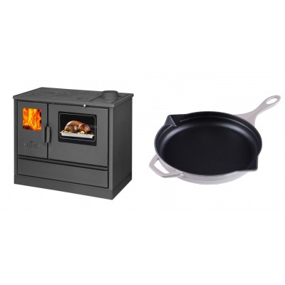 Set Küchenofen mit Backofen und Kochplatte Balkan Energy, Modell 4020, Obere Platte aus Gusseisen, Leistung 7.9kW + Emaillierte Gusseisenpfanne Solagio, Ivory, Ф28cm - Balkan Energy
