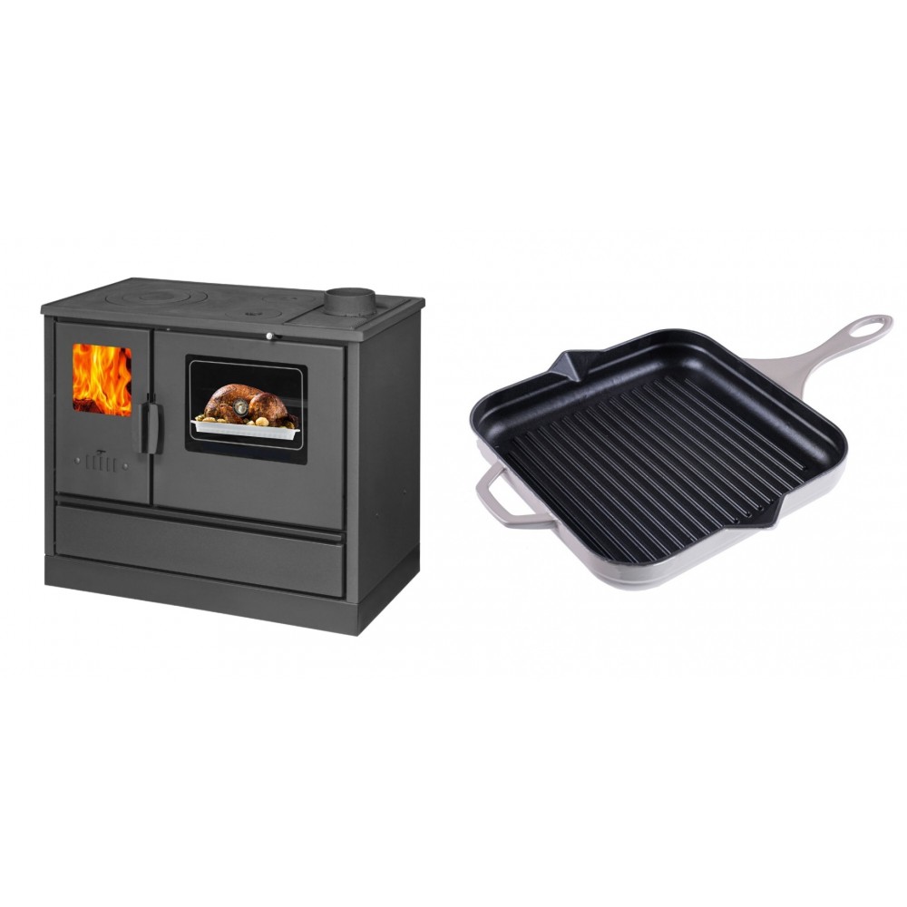 Set Küchenofen mit Backofen und Kochplatte Balkan Energy, Modell 4020, Obere Platte aus Gusseisen, Leistung 7.9kW + Emaillierte grillpfanne Gusseisen Solagio, Ivory, 28x28cm