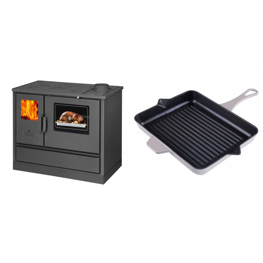 Set Küchenofen mit Backofen und Kochplatte Balkan Energy, Modell 4020, Obere Platte aus Gusseisen, Leistung 7.9kW + Emaillierte grillpfanne Gusseisen Solagio, Ivory, 26x32cm | Kaminofen - Holzofen mit Backfach | Kaminofen |