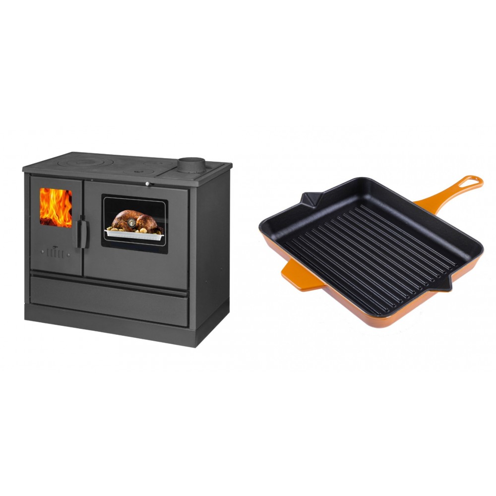 Set Küchenofen mit Backofen und Kochplatte Balkan Energy, Modell 4020, Obere Platte aus Gusseisen, Leistung 7.9kW + Emaillierte grillpfanne Gusseisen Solagio, Dijon, 26x32cm