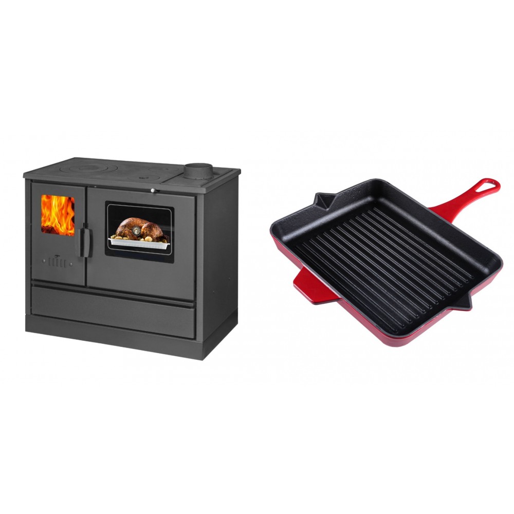 Set Küchenofen mit Backofen und Kochplatte Balkan Energy, Modell 4020, Obere Platte aus Gusseisen, Leistung 7.9kW + Emaillierte grillpfanne Gusseisen Solagio, Rubin, 26x32cm