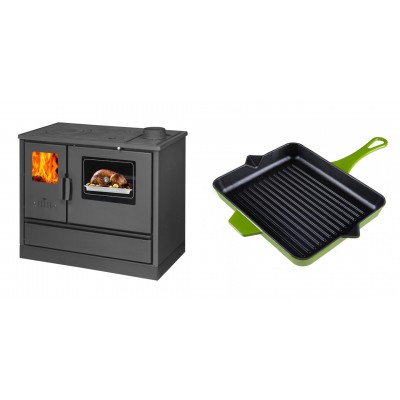 Set Küchenofen mit Backofen und Kochplatte Balkan Energy, Modell 4020, Obere Platte aus Gusseisen, Leistung 7.9kW + Emaillierte grillpfanne Gusseisen Solagio, Bamboo, 26x32cm - Balkan Energy