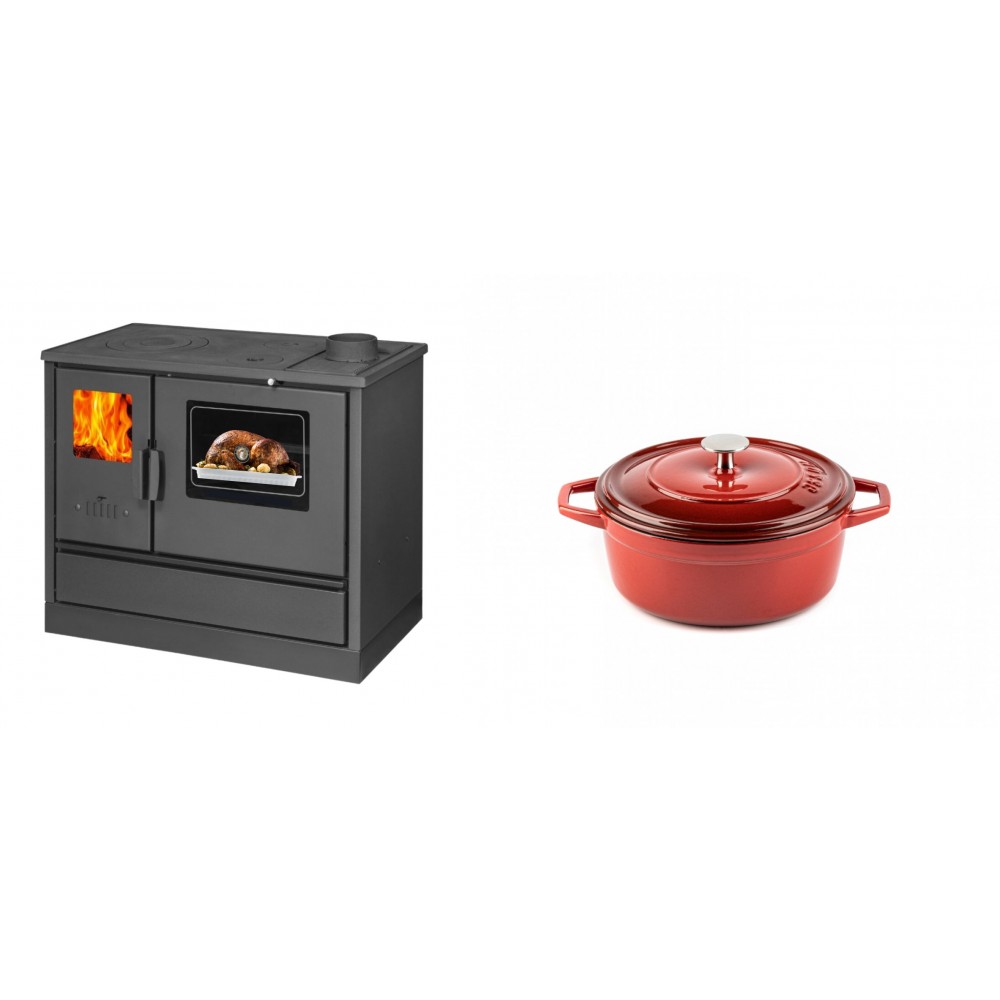 Set Küchenofen mit Backofen und Kochplatte Balkan Energy, Modell 4020, Obere Platte aus Gusseisen, Leistung 7.9kW + Gusseisen Topf Tiefer Solagio, Rubin, Ф12