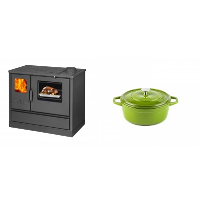 Set Küchenofen mit Backofen und Kochplatte Balkan Energy, Modell 4020, Obere Platte aus Gusseisen, Leistung 7.9kW + Gusseisen Topf Tiefer Solagio, Bamboo, Ф12 - Balkan Energy