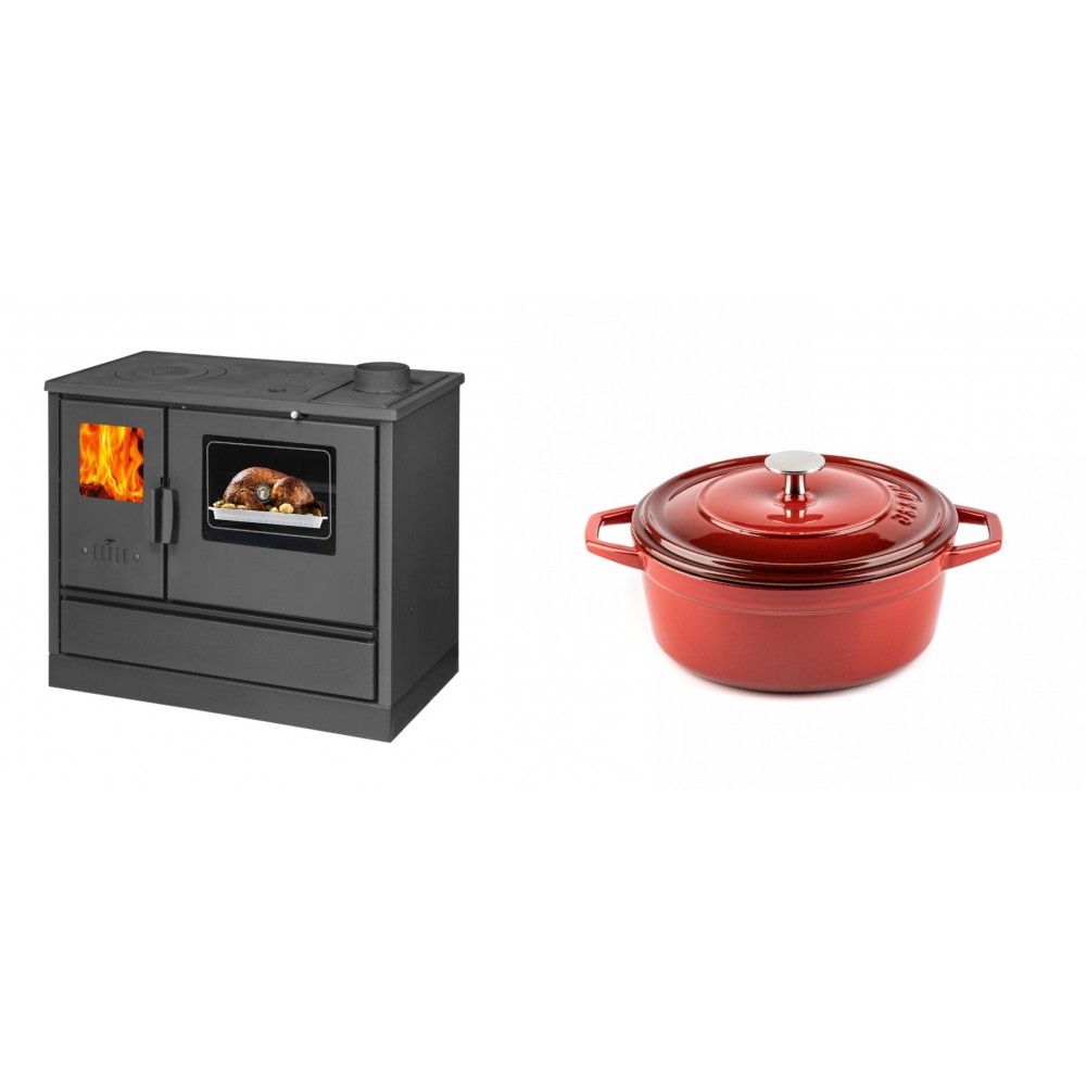 Set Küchenofen mit Backofen und Kochplatte Balkan Energy, Modell 4020, Obere Platte aus Gusseisen, Leistung 7.9kW + Gusseisen Topf Tiefer Solagio, Rubin, Ф20