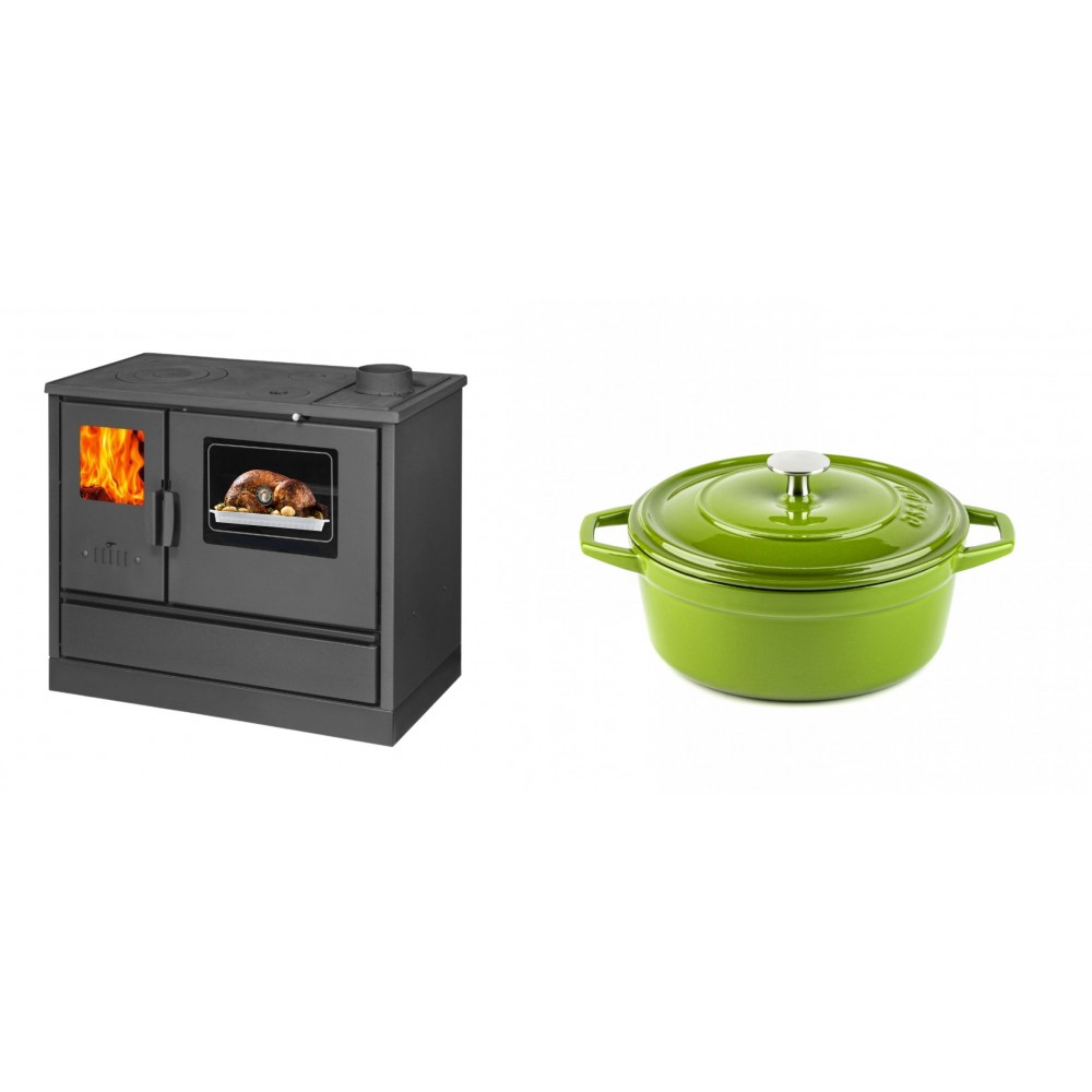 Set Küchenofen mit Backofen und Kochplatte Balkan Energy, Modell 4020, Obere Platte aus Gusseisen, Leistung 7.9kW + Gusseisen Topf Tiefer Solagio, Bamboo, Ф20 | Kaminofen - Holzofen mit Backfach | Kaminofen |
