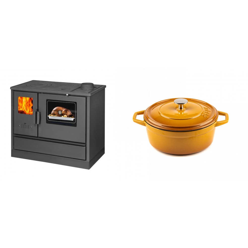Set Küchenofen mit Backofen und Kochplatte Balkan Energy, Modell 4020, Obere Platte aus Gusseisen, Leistung 7.9kW + Gusseisen Topf Tiefer Solagio, Dijon, Ф20