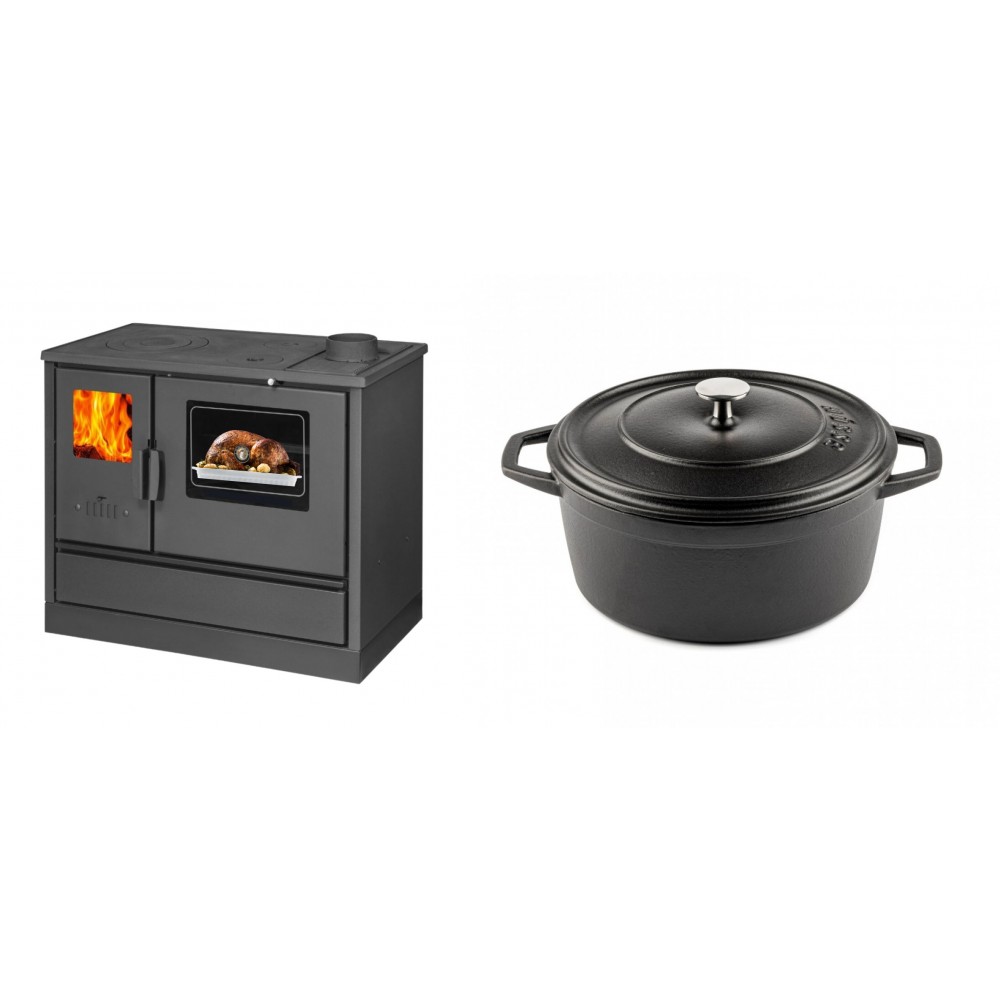 Set Küchenofen mit Backofen und Kochplatte Balkan Energy, Modell 4020, Obere Platte aus Gusseisen, Leistung 7.9kW + Gusseisen Topf Tiefer Solagio, Black Onyx, Ф24 | Kaminofen - Holzofen mit Backfach | Kaminofen |