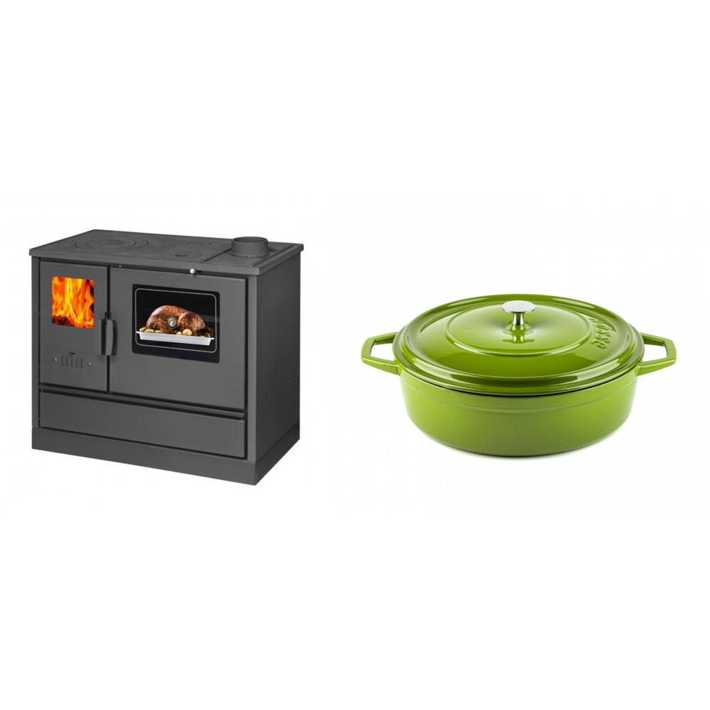 Set Küchenofen mit Backofen und Kochplatte Balkan Energy, Modell 4020, Obere Platte aus Gusseisen, Leistung 7.9kW + Gusseisen Topf Flach Solagio, Bamboo, Ф26 | Kaminofen - Holzofen mit Backfach | Kaminofen |