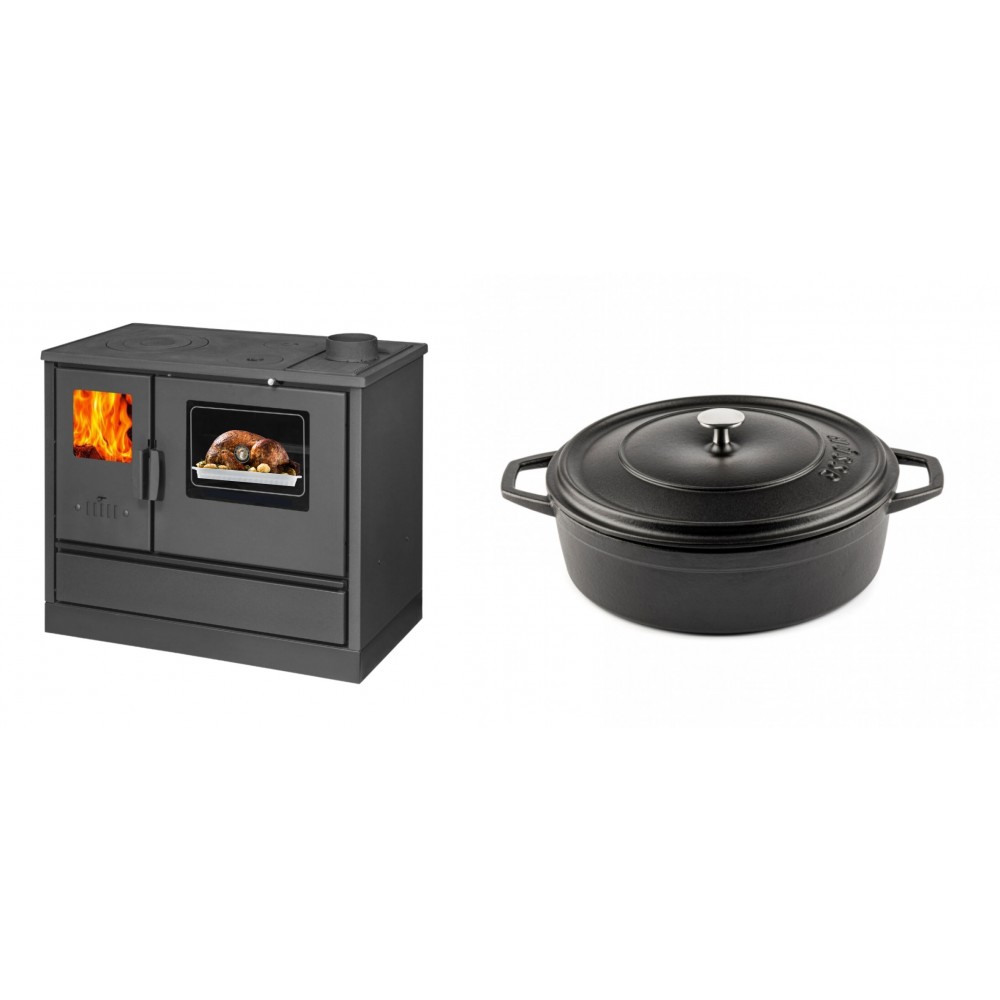 Set Küchenofen mit Backofen und Kochplatte Balkan Energy, Modell 4020, Obere Platte aus Gusseisen, Leistung 7.9kW + Gusseisen Topf Flach Solagio, Black Onyx, Ф26 | Kaminofen - Holzofen mit Backfach | Kaminofen |
